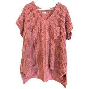 POL Women’s Dusty Rose Chenille Knit V-Neck Oversized Short Sleeve Sweater Large